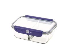 Mastrad StorEat - Caja de conservación alimentaria (vidrio de borosilicato resistente, compartimentada, compatible con microondas, frigorífico congelador y lavaplatos, 1450 ml), color azul