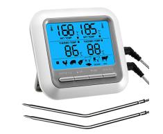 ANSTA Termómetro de cocina, cuenta regresiva, termómetro de carne, doble sonda de acero inoxidable, digital, pantalla en tiempo real, pantalla LCD, apto para horno, ahumador, parrilla