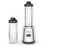 Moulinex Mix & Move LM15FD - Batidora individual, con potencia de 300 W, batidora smoothie de 4 cuchillas con 2 recipientes portátiles de 600 ml, 1 velocidad, para zumos y smoothies, acero inoxidable