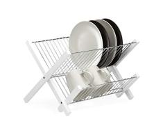 Relaxdays Escurreplatos de Cocina de 2 Niveles, Plegable, Acero Inoxidable y Bambú, 25,5 x 39 x 30 cm, Blanco