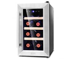 Cecotec Vinoteca Grand Sommelier 800 CoolWood. Capacidad de 25L, 8 Botellas, Diseño con Puerta de Cristal con Marco de Acero Inoxidable y Estantes en Madera, Panel Táctil y Pantalla LED.