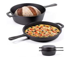 Olla de hierro fundido 26CM quemada compatible con inducción - Asador 2 en 1 de hierro fundido 3,0 L con sartén 1,5L - olla de hierro fundido para hornear pan - olla para asar con doble función - Nero