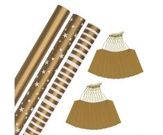 Hallmark Paquete de papel de regalo y etiquetas de regalo de Navidad, 3 rollos de papel en 3 diseños con 2 paquetes de 10 etiquetas de regalo de oro liso