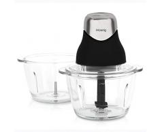 H.Koenig LEO9 - Mini picadora eléctrica de color negro mate cromado, resistente, cuenco de cristal graduado, 1 L, cuchillas de acero inoxidable, fácil de usar, verduras, cebolla, ensalada, pesto persil nueces, carnes y ajos, tapa de conservación