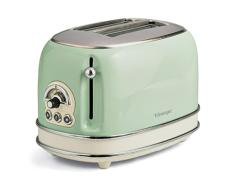 ARIETE 155/14 Tostador 2 ranuras anchas, vintage, 6 posiciones, función descongelar, recalentar, cancelar, paredes frías, pies antideslizante, recogecable, 810 W color verde/crema