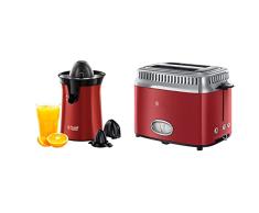 Russell Hobbs Retro Tostadora Vintage 2 Ranuras Cortas y Anchas, para 2 Rebanadas, Acero Inoxidable + Colours Plus Exprimidor de zumo (eléctrico, 2 accesorios, 60 W, rojo) ref. 26010-56