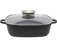 ELO Cacerola de cocina inducción cuadrada baja de aluminio fundido, 28x28cm. ALUCAST, con fondo encapsulado y tapadera de cristal, color negro, transparente y plateado, 28x28x8cm,1ud (8668026)