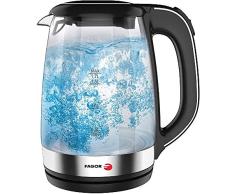 Fagor Hervidor de Agua TEYA. 2200W de potencia. Capacidad de 1.7L. Jarra de vidrio con luz led y base 230º. Asa ergonómica y filtro en la boquilla vertedora. Botón de apertura. Color negro.