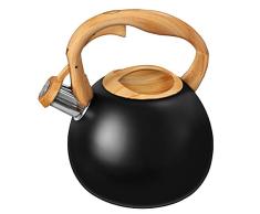 Smile MCN15/C Tetera con Silbato, Hervidor de Agua Retro, Inducción, Vitrocerámica, Todo Tipo de Cocinas, 3 L, Acero Inoxidable, Mango Imitación Madera Tacto Frío, Diseño Vintage, Negro