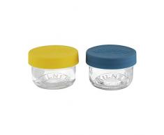 Kilner 0,125 l Juego de 2 ollas de Cristal almacenar 125 ml con Tapas de Silicona a presión, perfectas para Aperitivos y Almacenamiento de Alimentos, Transparente, Azul y Amarillo