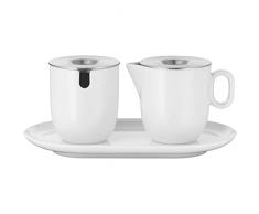 WMF 695899440 Azucarero 130 ml y Jarra de Leche de 170 ml con Plato, Porcelana, Color Blanco, Acero 18/10