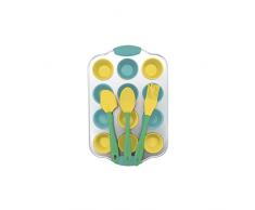 Zenker FCK44897 44897 Set Mini Cupcake 16 Piezas Infantil con Espátula Cuchara, Brocha, Molde Huellas y 12 Cajas, Silicona, Acero al Carbono, Azul, Verde, Amarillo, Gris, De 5 cm a 30 cm