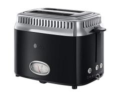 Russell Hobbs Tostadora Retro - 2 Ranuras Cortas y Anchas, Tostador para 2 Rebanadas, Bandeja Recogemigas, Calientapanecillos, Función Descongelar, Diseño Vintage, Acero Inoxidable, Negro - 21681-56