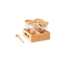 Mastrad - Tarros de especias - Juego de 4 - Tarro de especias de vidrio con tapa de bambú - Soporte de almacenamiento y cuchara incluido - 90 ml