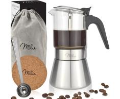 Milu Cafetera Italiana inducción | 4, 6 Tazas | Cafetera Moka de Acero Inox Vidrio, Expresso Maker - Set comprensivo di sottobicchiere, cucchiaio, spazzola (6 tazze da 300 ml)