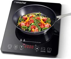 Placa Inducción Portatil AMZCHEF, placa de inducción de 2000 W con cuerpo delgado, 10 niveles de potencia, 10 configuraciones de temperatura, temporizador de 3 horas, negro