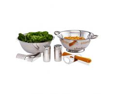 Relaxdays Juego Utensilios, Cuenco Servir, Pinza de Pasta, 2X saleros, Medidor de Espaguetis, Acero Inoxidable