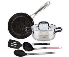 Set de Cacerola 20x8.5 cm con tapa, acero inox+ Sarten 20x5cm aluminio forjado apta para inducción + 3 utensilios de cocina nylon SAN IGNACIO VITA