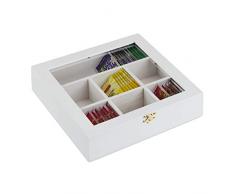 Relaxdays Caja para té e infusiones, Siete compartimentos, Para 100 bolsitas, 6 x 25 x 25,5 cm, 1 Ud, Blanco