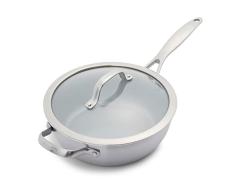 GreenPan Venice Pro Sartén Cerámica Antiadherente de 24cm/3.4 Litros con Asa y Tapa, Sin PFAS, Multicapa, Inducción, Apta para Lavavajillas, Apta para Horno, Plata