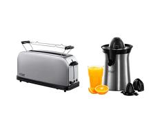 Russell Hobbs 21396-56 Adventure - Tostadora, Ranura Larga Y Ancha, Para 2 Rebanadas, Acero Inoxidable + Classics 22760-56 - Exprimidor De Zumo Eléctrico, 60 W, Acero Inoxidable, Gris