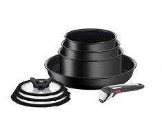 Tefal Ingenio Ultimate On - Juego 8 piezas apilables: 3 cazos apilables 16/18/20cm + sarten 28cm + 3 tapas 16/18/20cm + mango extraÃble, revestimiento antiadherente, apta todas las cocinas y horno
