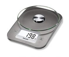 Beurer KS26 - Bascula de cocina 5kg / 1 gr, vidreo de seguridad, LCD de fácil lectura de 6.5 cm x 2.7 cm, boton táctil, apagado automático, superficie 15 cm, color silver