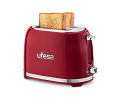 Ufesa Classic PinUp Tostador de 2 Ranuras Anchas Vintage, 850W, 7 Niveles, Función Recalentar, Descongelar y Cancelar, Bandeja Recogemigas, Rojo