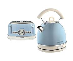 Ariete 0156Bl Tostador, 1630 W, Verde Pastel + 2877/05 Hervidor Vintage, 2200 W, 1.7 Litros, Acero Inoxidable, Azul
