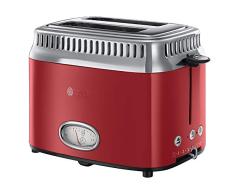 Russell Hobbs Tostadora Retro - 2 Ranuras Cortas y Anchas, Tostador para 2 Rebanadas, Bandeja Recogemigas, Calientapanecillos, Función Descongelar, Diseño Vintage, Acero Inoxidable, Rojo - 21680-56