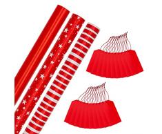 Hallmark Paquete de papel de regalo y etiquetas de regalo de Navidad, 3 rollos de papel en 3 diseños con 2 paquetes de 10 etiquetas de regalo rojas lisas