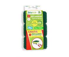Bayeco - Recambio de Estropajo con Mango, Resistencia y Larga duración - Sistema de fácil colocación Click & Limpio - Color Verde - Pack 3 Unidades