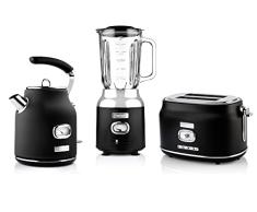 Westinghouse Set de desayuno retro negro, tostadora, batidora y hervidor de agua, 1,7 litros y filtro de cal, dos ranuras tostadoras con accesorio para panecillos, batidora con 3 niveles de velocidad