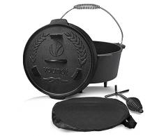 VOUNOT Olla Horno Holandés 4,25L Cacerola Hierro Fundido con Piernas, Dutch Oven con Tapa Hermética, Elevador, Bolsa de Almacenar, para Camping Cocina Casera Barbacoa