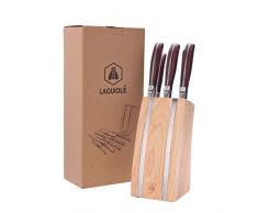 LAGUIOLE - Bloque de 5 utensilios - Mangos de madera Pakka - Cuchillo para carne, Cuchillo para pan, Cuchillo para pelar, Tenedor para carne, Pistola afiladora - Bloque de madera Hevea - Ideal para regalo - acero inoxidable, caucho,