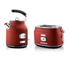 Westinghouse WES02 Set de desayuno retro, tostadora y hervidor de agua, filtro de cal y protección contra sobrecalentamiento, dos ranuras con accesorio para panecillos bandeja para migas, rojo, 1,7 l