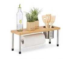 Relaxdays Organizador de cocina, Soporte para cubiertos, Especiero, Portarrollos, Bambú & Acero, Marrón & Plateado, plata