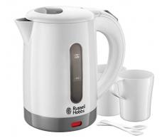 Russell Hobbs Hervidor de Agua Eléctrico Travel - 0,85 litros, 1000 W, Hervidor de Viaje, 2 Tazas y Cucharas, Filtro Extraíble, Indicador del Nivel de Agua, Plástico, Blanco - 23840-70