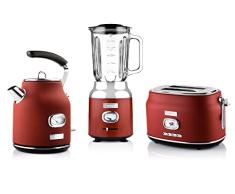Westinghouse Set de desayuno retro rojo, tostadora, batidora y hervidor de agua, 1,7 L y filtro de cal, 2 ranuras tostadoras con accesorio para panecillos, batidora con 3 niveles de velocidad, WES08