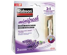 Rubson Minifresh, deshumidificador y ambientador de lavanda, bolsas deshumidificadoras en formato percha, absorbe olores 2 en 1 para hogar y oficina, 2 x 50 g, bolsita