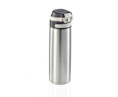 Leifheit Vaso térmico Flip (600 ml) con tapón de rosca, taza hermética con bloqueo adicional contra fugas, termo portátil, uso con una mano, plateado
