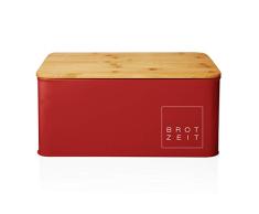 Lumaland Panera Vintage en Metal con Tapa en Bambú - Recipiente para Guardar el Pan con Tabla De Cortar - Caja de Almacenamiento para Cocina - Rectangular/Rojo