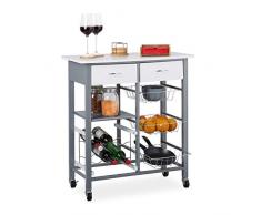 Relaxdays 10025972 Carrito Cocina con 2 Cajones, 3 Cestos, Botellero y Encimera, Camarera, DM y Metal, 84 x 76 x 40 cm, Blanco