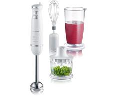 SEVERIN SM 3798 Juego de Batidora de mano, incluso recipiente con tapa, varilla batidora, picadora y soporte de pared, 600 W, Acero inoxidable y Blanco