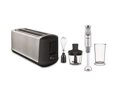 Moulinex Subito Select LS342D Tostadora, 2 ranuras largas, 7 niveles de tostado, descongela, recalienta Negro & QuickChef DD655D Batidora de Mano de 1000 W