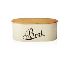 Lumaland Panera Vintage en Metal con Tapa en Bambú - Recipiente para Guardar el Pan con Tabla De Cortar - Caja de Almacenamiento para Cocina - Ovalada/Beige