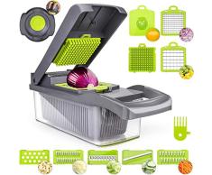 Picador de verduras múltiples, picador de cebolla, 12 en 1 de mano para alimentos y frutas, cortador de mandolina de verduras ajustable con 7 cuchillas de acero inoxidable duraderas (verde)