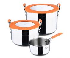 SAN IGNACIO Juego compacto de ollas de acero inoxidable, 5 piezas, incluye 2 ollas de 20 y 24 cm y 1 cacerola de 16 cm, para todo tipo de cocinas