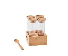 Mastrad - Tarros de especias - Juego de 4 - Tarro de especias de vidrio con tapa de bambú - Soporte de almacenamiento y cuchara incluido - 180 ml