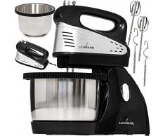 LEHMANN Cookaid LHKIXMI205 - Batidora de mano con 2 cuencos giratorios de 5 l y un juego de accesorios; función turbo; regulador de posición; 200 W; 5 velocidades; plateado/negro, LHKIXMI205